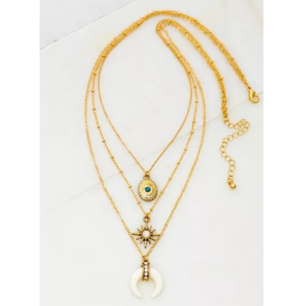 Gold Three Row Star Crescent Boho Charm Necklace - Picture 2 of 3